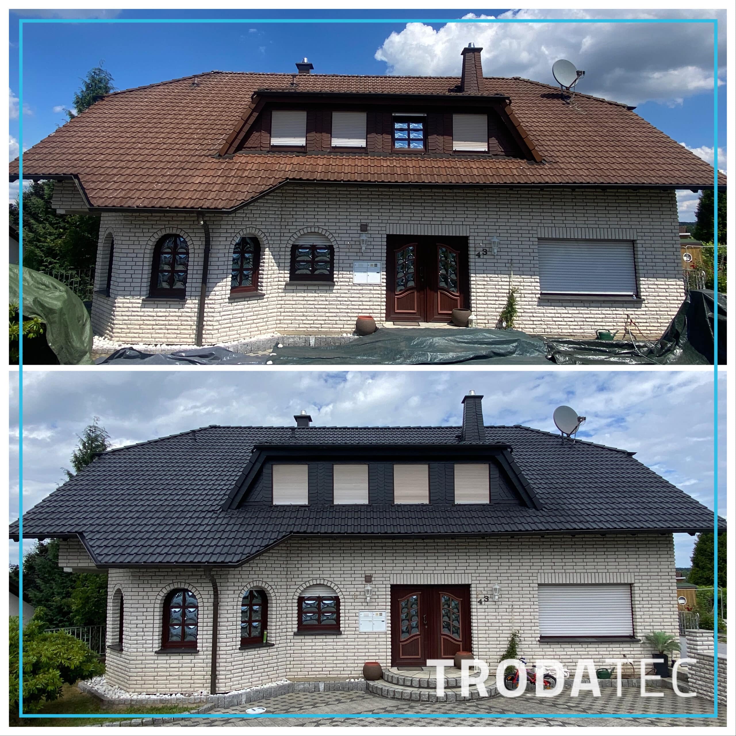 Vorher-Nachher-Vergleich einer Dachbeschichtung bei einem Einfamilienhaus mit Wechsel von rotbraunen Dachziegeln zu anthrazitfarbenen Dachziegeln.