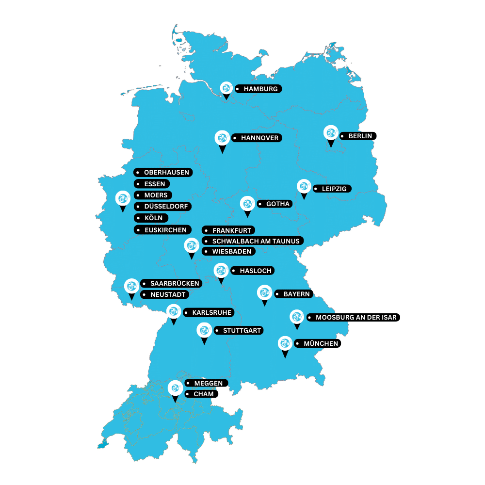 Eine Deutschlandkarte mit markierten Standorten der Trodatec GmbH, die verschiedene Städte wie Hamburg, Berlin, München, Düsseldorf, Köln und Stuttgart hervorhebt.