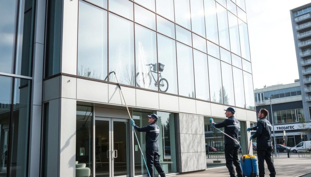 A clean, well-maintained facade of a commercial building in Gossau SG, Switzerland, under bright, diffused natural lighting. The building's exterior is composed of a mixture of glass, steel, and concrete, with a modern, minimalist design. In the foreground, a team of professional facade cleaners from TRODATEC are carefully wiping down the windows and surfaces, using specialized equipment and techniques to ensure a spotless, streak-free finish. The middle ground features the building's entrance and signage, while the background showcases the surrounding urban landscape, including other well-kept commercial properties. The overall scene conveys a sense of diligence, attention to detail, and the importance of maintaining a professional, visually appealing corporate image.
