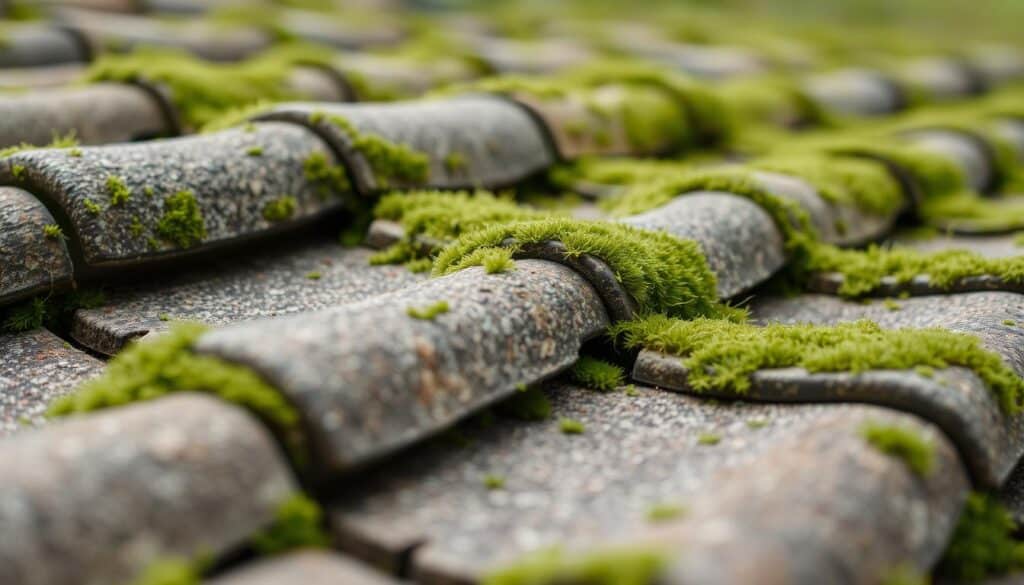 A close-up view of weathered roof tiles covered in a lush green moss growth, capturing the natural weathering and organic overgrowth that can accumulate on older roofing materials. The tiles appear slightly worn and discolored, creating a textured, time-worn aesthetic. The moss clings to the grooves and crevices of the tiles, creating a vibrant and intricate pattern across the surface. Soft, diffused natural lighting illuminates the scene, highlighting the varied tones and textures of the moss-covered tiles. The overall mood is one of peaceful decay, illustrating the gradual deterioration that can occur on roofs left untreated.
