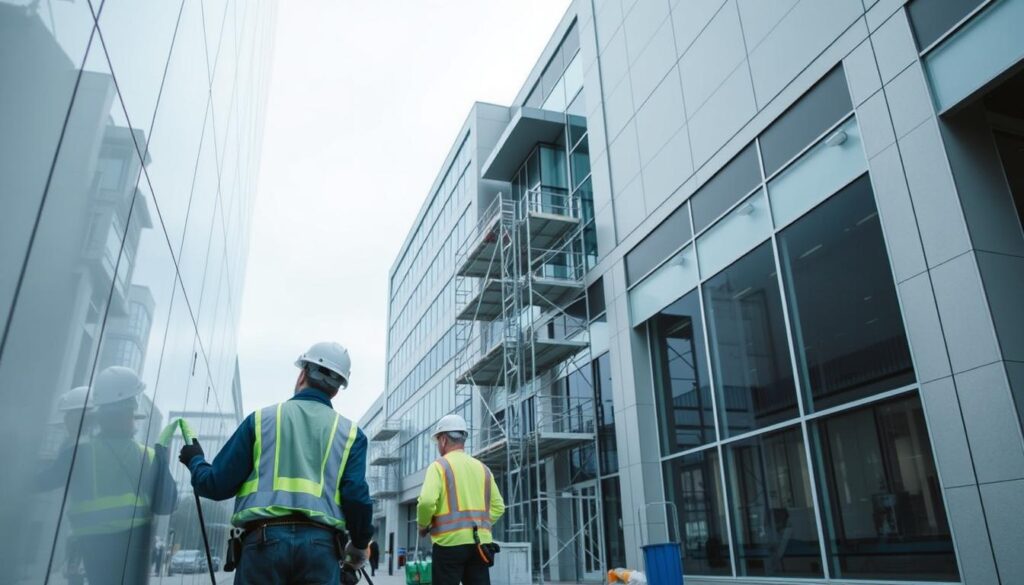 A commercial building's facade, seen in a wide-angle view, with workers in the foreground preparing for a cleaning operation. The workers wear protective gear and are inspecting the surface, identifying areas that need special attention. In the middle ground, scaffolding and equipment are set up, ready for the cleaning process. The background showcases the building's architectural details, with a clear, overcast sky providing even, natural lighting. The scene conveys a sense of organization, professionalism, and environmental consciousness, reflecting the article's focus on eco-friendly facade cleaning.