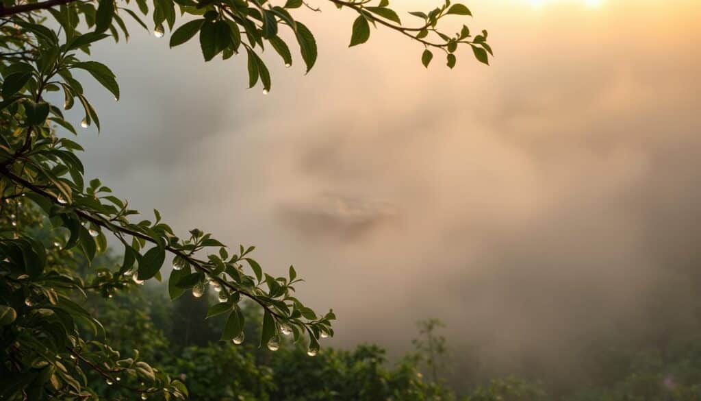 A dense fog bank emerges from the lush greenery, creating a serene and mystical atmosphere. In the foreground, glistening water droplets cling to the leaves and branches, acting as a natural reservoir. The middle ground reveals a rocky outcrop where the fog seems to originate, hinting at the unseen forces that shape this unique ecosystem. Warm, diffused lighting filters through the mist, casting a soft, ethereal glow over the scene. The image captures the essence of fog as a vital water source, inviting the viewer to appreciate the delicate balance of nature and its hidden treasures. A dense fog bank emerges from the lush greenery, creating a serene and mystical atmosphere. In the foreground, glistening water droplets cling to the leaves and branches, acting as a natural reservoir. The middle ground reveals a rocky outcrop where the fog seems to originate, hinting at the unseen forces that shape this unique ecosystem. Warm, diffused lighting filters through the mist, casting a soft, ethereal glow over the scene. The image captures the essence of fog as a vital water source, inviting the viewer to appreciate the delicate balance of nature and its hidden treasures.
