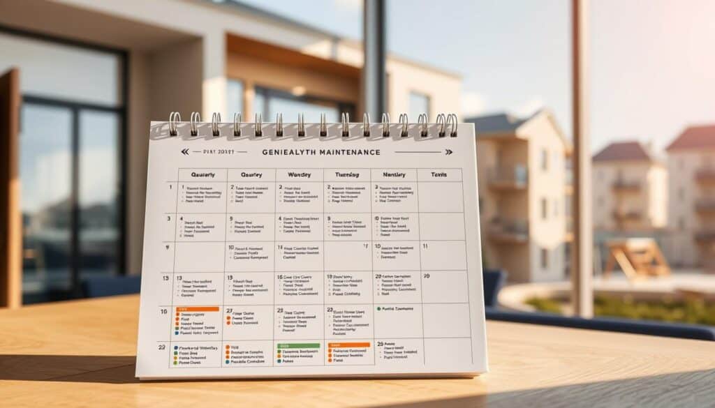 A detailed Gebäudetechnik maintenance calendar presented in a clean, professional style. The calendar occupies the central focus, showcasing quarterly maintenance tasks for various building systems like HVAC, plumbing, and electrical. The background features a subtly blurred architectural rendering, hinting at the context of private residential buildings. Warm, natural lighting illuminates the scene, creating a calm and organized atmosphere. The layout is balanced, with ample white space to emphasize the calendar's clarity. Technical icons and color-coding help distinguish maintenance categories at a glance. Overall, the image conveys a sense of practicality and efficiency for managing building upkeep.