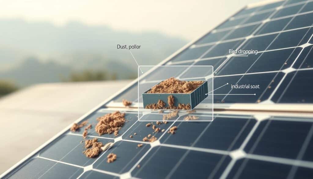 A detailed cross-section diagram showcasing various types of dirt and debris accumulation on a photovoltaic solar panel. The foreground depicts a crisp, close-up view of the panel surface, highlighting dust, pollen, bird droppings, and industrial soot. The middle ground features a schematic representation of the panel structure, with labels indicating the protective glass, solar cells, and mounting frame. The background portrays a serene, slightly hazy outdoor landscape to convey the real-world environmental conditions. The lighting is soft and natural, emphasizing the textural details of the contaminants. The overall mood is informative and technical, designed to educate the viewer on the nuances of photovoltaic system maintenance.