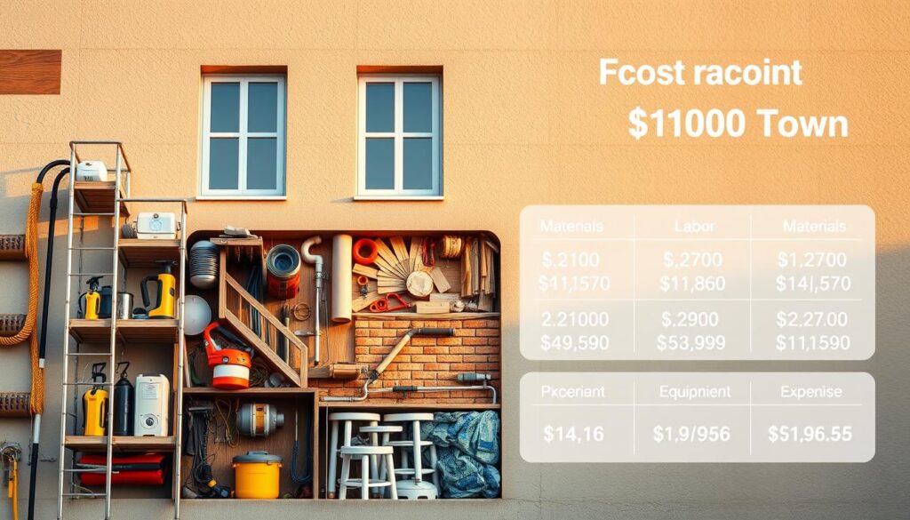 A detailed cross-sectional view of a building facade, highlighting the various cost factors involved in facade cleaning. The foreground showcases an array of cleaning tools and equipment, including high-pressure washers, scaffolding, and safety harnesses. The middle ground depicts the facade itself, with detailed textures of stucco, brick, and wooden elements. The background features a cost breakdown diagram, illustrating the relative proportions of labor, materials, and equipment expenses associated with the cleaning process. Warm, natural lighting accentuates the textures and highlights the intricate details, creating a sense of technical precision and economic analysis. The overall composition conveys a comprehensive understanding of the cost considerations in facade maintenance.