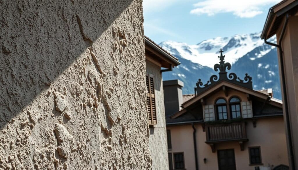 A detailed, high-resolution architectural study of a weathered façade in the Alpine climate. The foreground showcases intricate textures and patterns in the aged stucco, with the play of light and shadow highlighting the weathering and erosion. In the middle ground, sturdy wooden shutters and ornamental architectural elements stand out against a subdued, muted color palette. The background depicts the rugged Alpine landscape, with distant snow-capped peaks framing the scene. The overall impression conveys the harsh yet beautiful effects of the Alpine environment on building materials and design over time, creating a sense of timeless elegance and endurance.