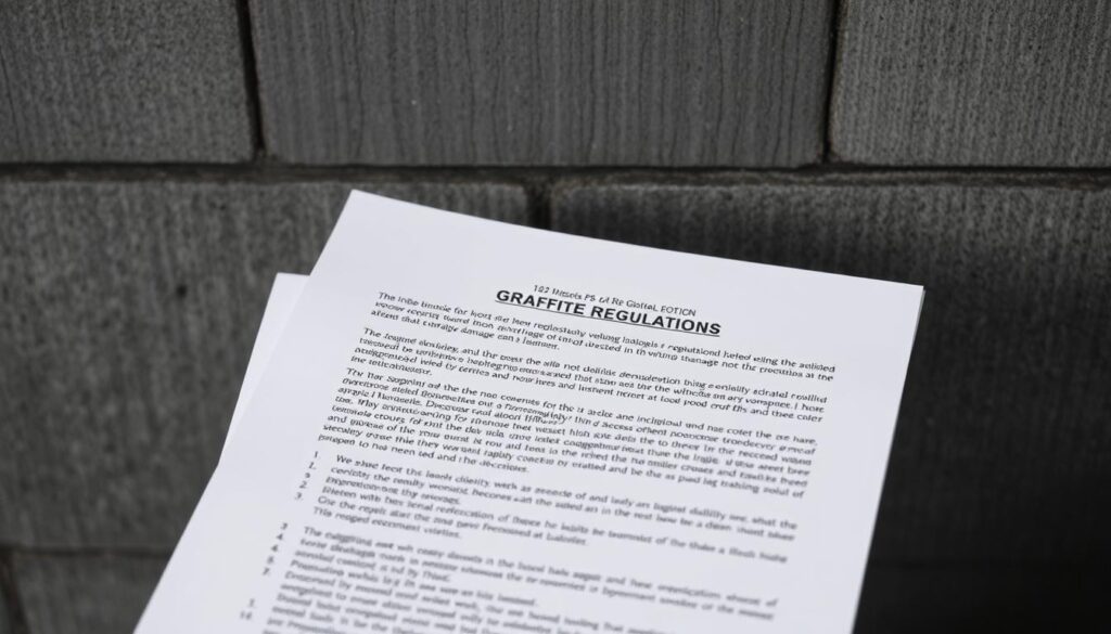 A detailed legal document detailing graffiti regulations, with a formal and authoritative appearance. The document is presented against a backdrop of a gray concrete wall, hinting at the setting of graffiti-related issues. The lighting is even and slightly cool, conveying a sense of seriousness and objectivity. The document is neatly arranged, with clear sections and bullet points, reflecting the structured and organized nature of the legal framework. The overall mood is one of professionalism and legality, setting the stage for the discussion of the legal aspects of graffiti damage and liability.