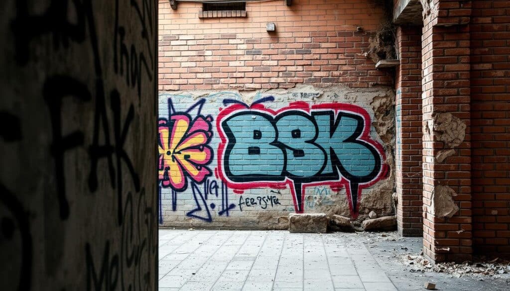 A dilapidated building wall in Basel, Switzerland, covered in intricate graffiti tagging. The foreground features a detailed spray-painted tag, the middle ground showcases a vibrant abstract pattern, and the background depicts weathered bricks and crumbling mortar. The overall scene conveys a sense of urban decay and artistic expression, with dramatic shadows and highlights from a high-contrast lighting setup. The composition emphasizes the textures and layered nature of the graffiti, creating a visually striking and documentary-style image.