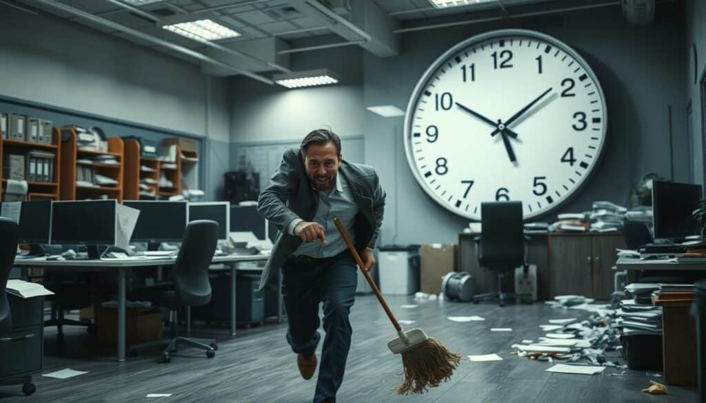 A frantic office scene, with a harried building cleaner rushing to complete tasks before a looming deadline. In the foreground, the cleaner hurries, mop in hand, their expression tense and hurried. The middle ground features a cluttered office, with desks, computers, and piles of paperwork scattered haphazardly. In the background, a large clock dominates the frame, its hands rapidly ticking away the seconds. Harsh, overhead lighting casts long shadows, heightening the sense of urgency. The color palette is muted, with cool tones of gray and blue, conveying a sense of pressure and stress. The overall atmosphere is one of mounting tension, as the cleaner struggles to complete their tasks before the deadline expires.