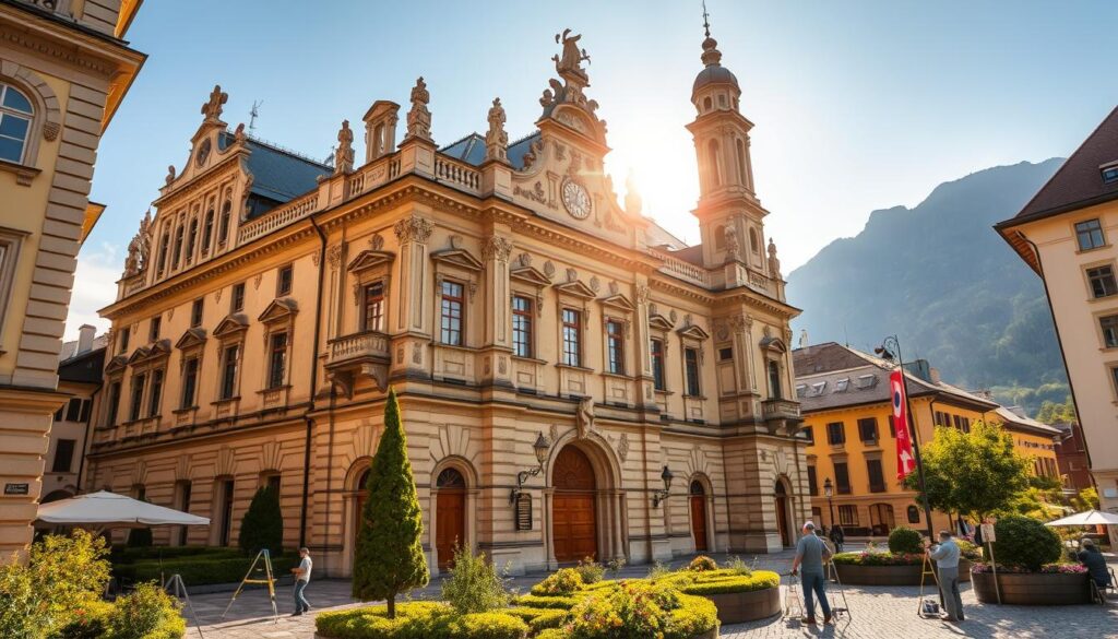 A grand facade of a historic building in the heart of a Swiss town, bathed in warm, golden sunlight. The intricate stonework and ornate decorations are the focus, meticulously cleaned and restored, conveying a sense of timeless elegance. In the foreground, workers carefully apply specialized cleaning solutions, using gentle techniques to preserve the integrity of the delicate surfaces. The middle ground features lush greenery and cobblestone streets, while the background showcases the alpine landscape, hinting at the building's picturesque setting. The overall mood is one of reverence and pride in preserving Switzerland's architectural heritage through sustainable, eco-friendly practices.