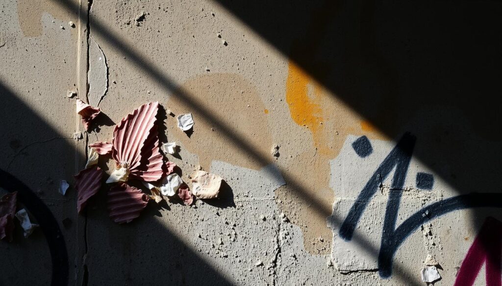 A gritty urban wall, scarred by layers of hastily removed graffiti, casting ominous shadows under a harsh, directional light. Flakes of paint peel away, revealing the damaged underlying surface. Carelessly applied cleaning chemicals have left unsightly discolorations and uneven textures, a testament to the difficulty of restoring the surface to its original state. The scene conveys a sense of careless amateur intervention, with the risks and consequences of improper graffiti removal techniques vividly depicted.