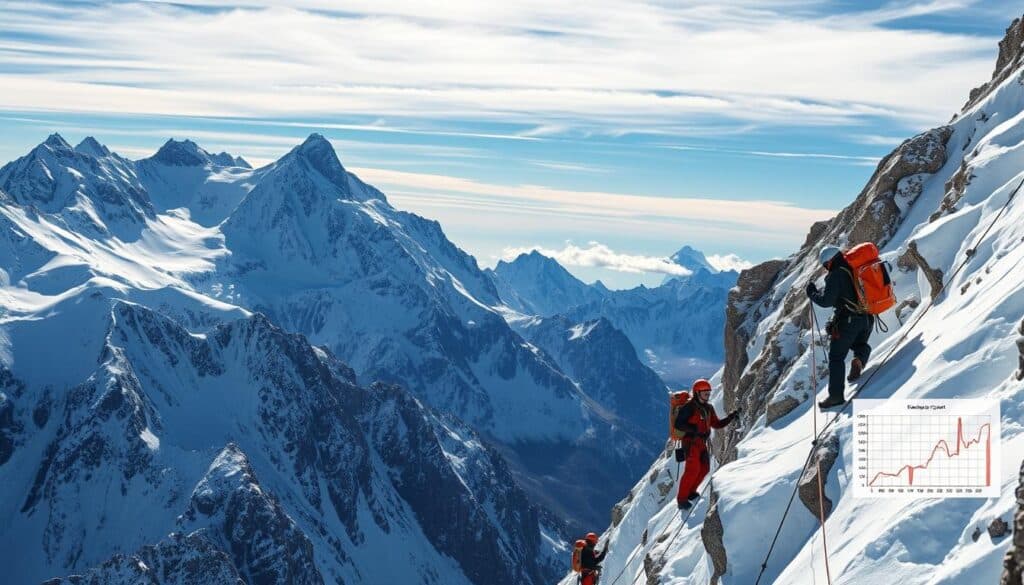 A high-altitude mountainous landscape, with rugged snow-capped peaks reaching towards the heavens. In the foreground, a team of expert alpine cleaners rappels down the sheer cliff face, their specialized equipment glistening in the crisp, clear light. The middle ground reveals a series of test charts and measurement devices, meticulously documenting the process and results of this challenging high-altitude cleaning operation. In the distance, wispy clouds drift across a brilliant azure sky, conveying a sense of tranquility and accomplishment. The scene radiates a spirit of technical proficiency, scientific rigor, and the triumph of human ingenuity over the most demanding environmental conditions.
