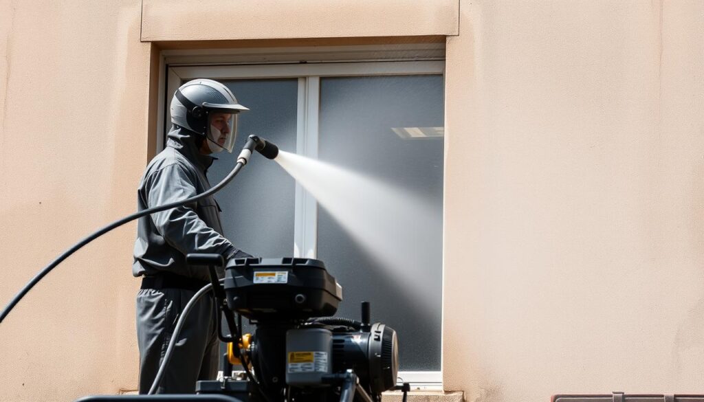 A high-pressure cleaning machine, its powerful stream of water aimed at a weathered building facade. The operator, dressed in protective gear, carefully navigates the machine, its nozzle precisely targeting stubborn grime and discoloration. The facade, once dull and dingy, gradually transforms under the forceful jet, revealing the true color and texture of the underlying material. Sunlight casts dramatic shadows, adding depth and texture to the scene. The process appears efficient, yet the potential for damage to the delicate facade is subtly evident, hinting at the risks of this common cleaning method.