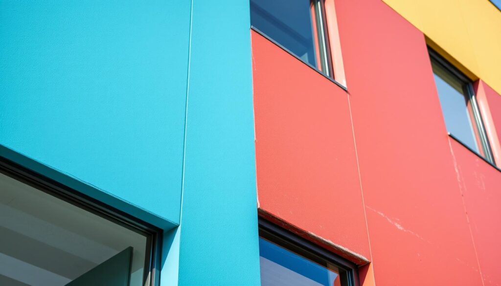 A modern building facade with a clear distinction between a clean, freshly painted section and an untreated, weathered section. The clean part showcases a vibrant, rich color, while the untreated section displays a dull, faded appearance with signs of grime and discoloration. The lighting is natural, with soft shadows highlighting the textural differences. The perspective is slightly angled, allowing the viewer to appreciate the visual contrast between the two areas. The overall atmosphere conveys a sense of comparison, highlighting the impact of a facade cleaning versus a full repaint.
