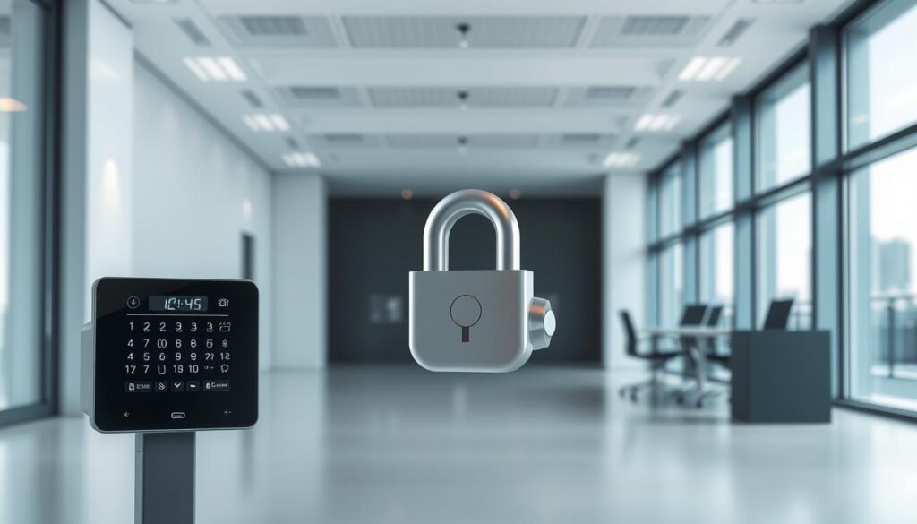A modern, minimalist office setting with sleek, cutting-edge security solutions prominently displayed. In the foreground, a high-tech security panel with various control buttons and displays, subtly illuminated by a soft, indirect lighting. The middle ground features a stylized, three-dimensional depiction of a secure lock or access mechanism, rendered in a combination of metallic and matte finishes. The background showcases a clean, contemporary architectural interior with large windows, allowing natural light to filter in and create a sense of openness and transparency. The overall atmosphere conveys a balance of advanced technology, refined design, and a commitment to innovative, tailored security solutions.