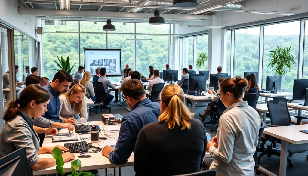 A modern office interior with a focus on employee training and development at Trodatec. In the foreground, a group of employees engaged in a hands-on workshop, their faces filled with concentration as they learn new techniques. The middle ground features a well-equipped training room with ergonomic workstations and a projector screen displaying informative visuals. The background showcases the company's commitment to sustainability, with floor-to-ceiling windows allowing natural light to flood the space and views of a lush, green landscape outside. The overall atmosphere is one of professionalism, collaboration, and a dedication to empowering the workforce.