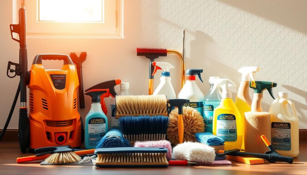 A neatly arranged assortment of professional-grade tools and materials for facade cleaning: high-pressure washers, scrub brushes, detergents, and specialized cleaning solutions. The scene is illuminated by natural light streaming through a window, casting a warm, inviting glow over the items. The layout is clean, organized, and showcases the essential equipment needed for a thorough and effective facade cleaning project. The overall composition conveys a sense of efficiency, attention to detail, and the expertise required to deliver a high-quality facade cleaning service.