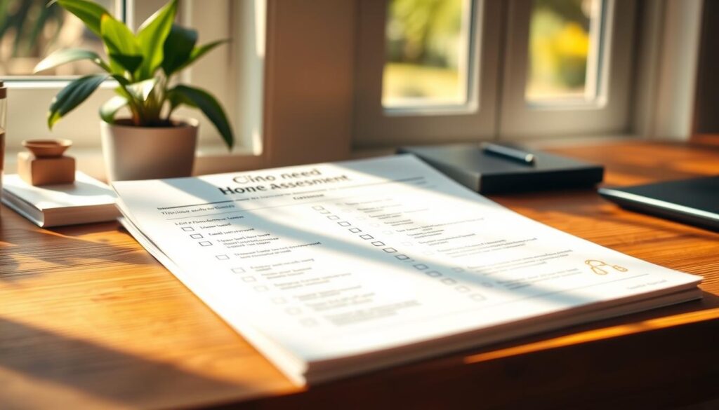 A neatly organized checklist sheet resting on a wooden desk, illuminated by warm natural light filtering through a nearby window. The checklist pages feature clean, minimalist typography and icons, guiding the viewer through a structured home needs assessment. The scene conveys a sense of efficiency and practical planning, suitable for a homeowner's guide. The overall composition is balanced, with the checklist as the central focus, and subtle background elements like a plant or desk accessories adding a touch of domestic ambiance.