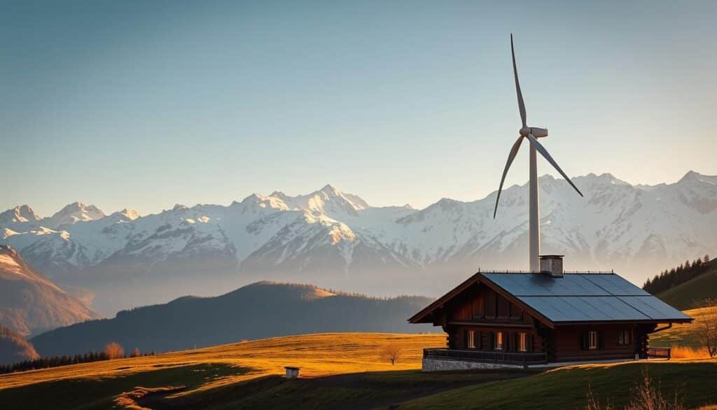 A panoramic view of the breathtaking Graubünden landscape, showcasing its historic innovations. In the foreground, a traditional Swiss chalet with a modern solar panel array nestled among the rolling hills. The middle ground features a sleek, cutting-edge wind turbine silhouetted against the majestic snow-capped peaks. The background is bathed in a warm, golden glow, highlighting the region's commitment to sustainable energy solutions that harmonize with its natural beauty. The scene is captured with a wide-angle lens, creating a sense of grandeur and scale, while the lighting and composition evoke a mood of progress and innovation within a timeless alpine setting.