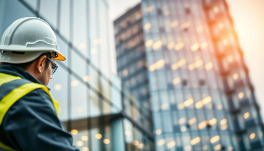 A professional building protection service, showcasing the quality and reliability of their services. In the foreground, a close-up of a worker in a hard hat and safety gear, carefully inspecting the facade of a modern office building. The middle ground reveals the attention to detail, with the worker meticulously examining the building's materials and identifying any potential issues. The background depicts the building in its entirety, illuminated by a warm, natural light that casts a sense of professionalism and expertise. The overall atmosphere conveys a sense of expertise, diligence, and a commitment to providing a high-quality service that protects the integrity and longevity of the structure.