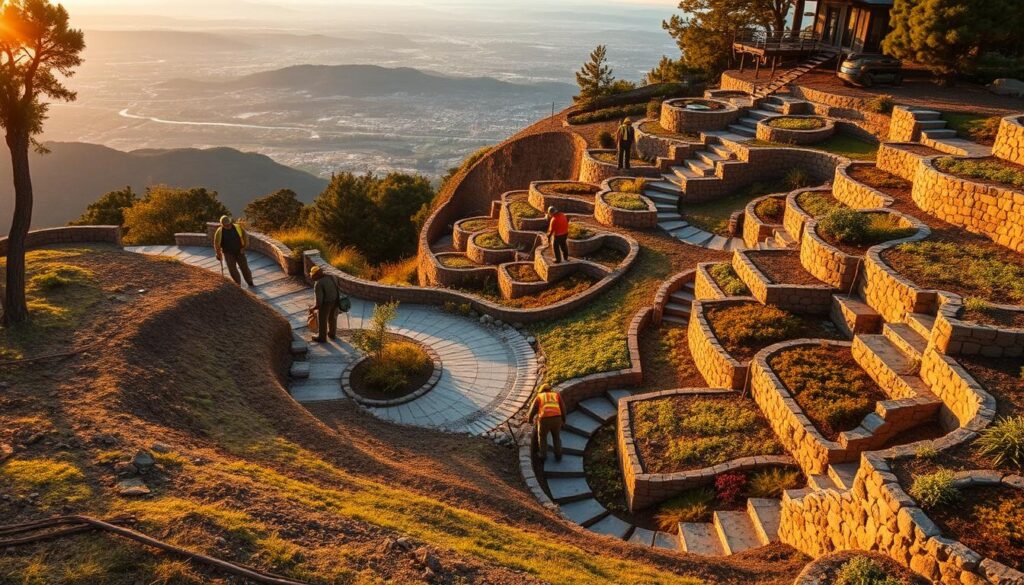 A scenic hillside landscape with various solutions for challenging terrain. In the foreground, workers diligently cleaning and maintaining a steep slope, utilizing specialized equipment and safety gear. The middle ground features a series of cleverly engineered retaining walls, terraced gardens, and stabilized pathways, all designed to mitigate the challenges of the incline. In the background, a picturesque vista overlooking a valley, bathed in warm, golden light from the setting sun. The scene conveys a sense of industrious efficiency and thoughtful, sustainable design to overcome the difficulties of working in a hilly environment.