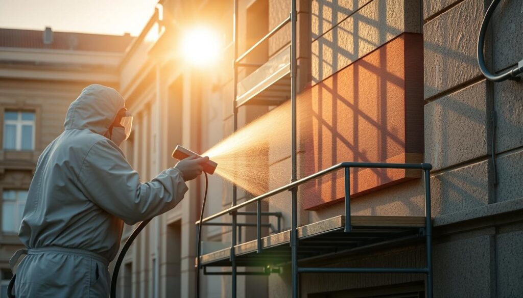 A serene scene of an environmentally-friendly building facade cleaning process. In the foreground, a technician in a protective suit carefully applies a gentle, plant-based cleaning solution to the stonework using a soft-bristled brush. The middle ground reveals a scaffolding system supporting the workers, casting long shadows on the building's surface. In the background, the sun casts a warm, golden glow, illuminating the scene and highlighting the care and attention to detail in the cleaning approach. The atmosphere conveys a sense of professionalism and environmental responsibility, reflecting the quality-focused ethos of Trodatec's facade maintenance services.