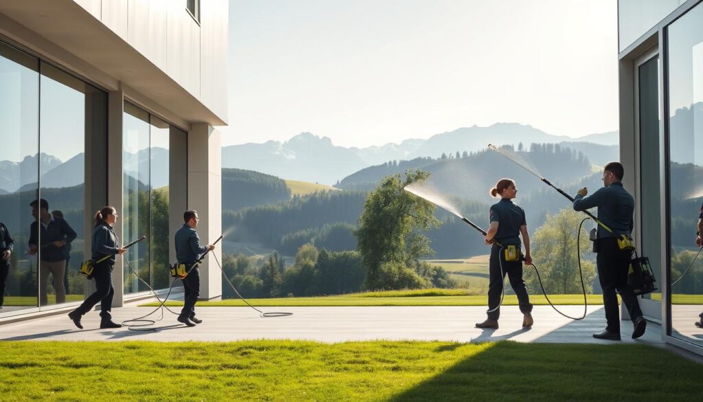 A serene, well-lit image of a sustainable building cleaning service in Switzerland. The foreground depicts a group of professional cleaners in sleek uniforms using specialized eco-friendly equipment to wash the facade of a modern, energy-efficient office building. The middle ground showcases the building's elegant, minimalist design with large windows reflecting the surrounding lush greenery. In the background, a picturesque Swiss landscape with rolling hills and snow-capped mountains creates a tranquil, natural ambiance. The lighting is soft and diffused, emphasizing the sustainable and environmentally-conscious nature of the cleaning service. The overall mood is one of efficiency, sustainability, and harmony between the built and natural environments.