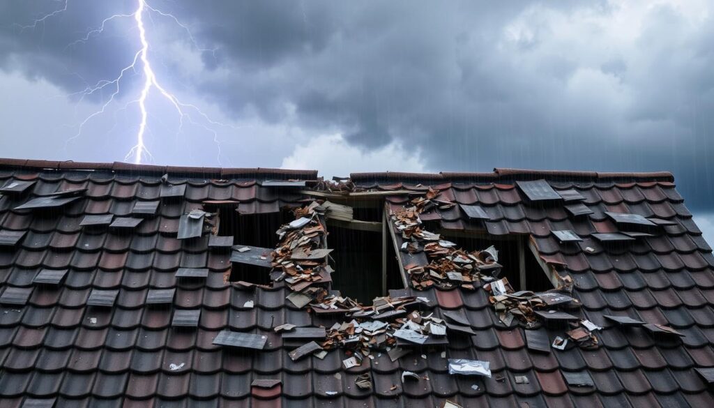 A severely damaged roof, with shingles torn off, tiles cracked and missing, and gaping holes exposing the interior. The structure is battered by a raging storm, winds howling and rain pouring down, creating a chaotic, weathered scene. Thick dark clouds loom overhead, casting an ominous shadow over the dilapidated rooftop. Jagged lightning bolts streak across the sky, illuminating the devastation. The overall atmosphere conveys the destructive power of extreme weather conditions and the costly impact they can have on buildings and homes.