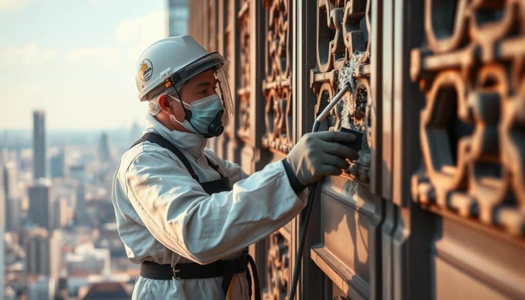 A skilled professional in protective gear meticulously cleaning a high-rise building's facade, showcasing their expertise in facade maintenance. The scene features natural sunlight, casting warm shadows and highlights across the intricate architectural details. The worker's focused expression and precise movements demonstrate their mastery of specialized techniques. In the background, a city skyline provides a sense of context, emphasizing the importance of well-maintained buildings in an urban environment. The overall mood conveys a sense of diligence, attention to detail, and pride in one's craft.