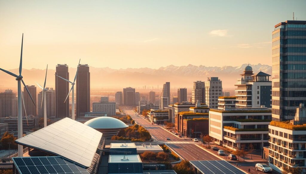 A sleek, futuristic cityscape bathed in warm, golden light. In the foreground, a display of cutting-edge sustainable technologies - solar panels, wind turbines, and electric vehicles seamlessly integrated into the urban landscape. The middle ground features modern, energy-efficient buildings with green roofs and facades adorned with living walls. In the background, a breathtaking panorama of snow-capped mountains, hinting at the harmonious coexistence of technology and nature. The scene conveys a sense of progress, innovation, and environmental responsibility, capturing the essence of sustainable technologies powering a greener future.