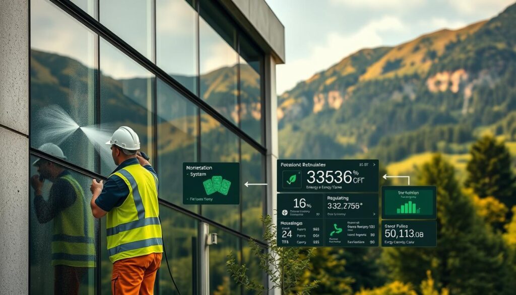 A sleek, modern Swiss building façade with a focus on sustainable and eco-friendly maintenance practices. In the foreground, a worker in safety gear carefully applies a green, plant-based cleaning solution to the surface, using a specialized spray applicator. In the middle ground, automated systems for monitoring and regulating the façade's condition are visible, their digital displays showcasing data on energy efficiency and material degradation. The background features a lush, verdant landscape with Alpine peaks, hinting at the harmonious integration of the building with its natural surroundings. The scene is bathed in warm, diffused lighting, conveying a sense of innovation, environmental consciousness, and a vision for the future of sustainable façade care.