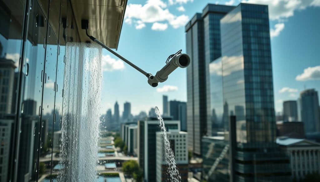 A sleek, modern façade-cleaning system set against a backdrop of a bustling city skyline. In the foreground, a state-of-the-art robotic arm delicately navigates the intricate architectural details, effortlessly removing grime and debris with precision. Cascading water reflects the surrounding high-rises, creating a mesmerizing interplay of light and shadow. The scene conveys a sense of technological prowess and environmental responsibility, perfectly capturing the essence of "Durchführung der Fassadenreinigung" in Bern, Switzerland.
