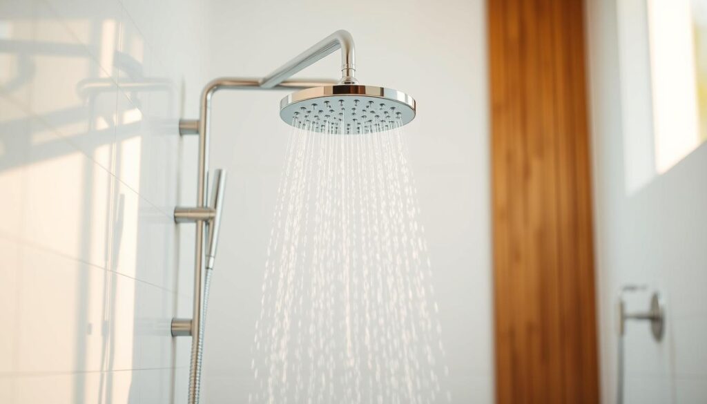 A sleek, modern shower head installation showcased in a well-lit, minimalist bathroom setting. The Sparduschkopf, a high-efficiency shower head, is the focal point, its chrome finish gleaming under warm, natural lighting streaming in from a large window. The surrounding tiles are clean, crisp white, creating a serene, spa-like ambiance. The shower head is positioned at the ideal height, angled to provide an ergonomic, water-saving spray pattern. The overall scene conveys a sense of simplicity, functionality, and environmental consciousness, aligning with the article's theme of water and energy conservation.