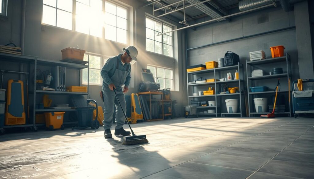 A spacious, well-lit industrial workshop with a focus on the "Baureinigung" (construction cleaning) process. In the foreground, a worker in protective gear meticulously scrubs a freshly laid tile floor using a specialized cleaning solution and a scrub brush. The middle ground showcases various cleaning tools and equipment, neatly organized on shelves. In the background, sunlight streams in through large windows, casting a warm, natural glow over the scene. The overall atmosphere conveys a sense of order, efficiency, and attention to detail in the process of preparing a construction site for the next phase of a project.