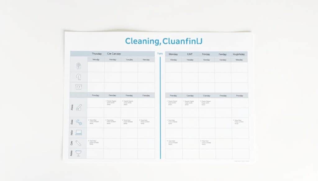 A stylish, minimalist household and office cleaning plan displayed on a clean, light-colored background. The plan features a grid-like layout with crisp icons, concise text, and a simple color palette of grays, whites, and blues. The overall design conveys a sense of organization, efficiency, and attention to detail. The plan is presented in a professional, easy-to-understand manner, highlighting the key cleaning tasks and schedules for both the home and office environments. The lighting is soft and diffused, creating a calming, inviting atmosphere. The camera angle is slightly elevated, giving a bird's-eye view of the cleaning plan.