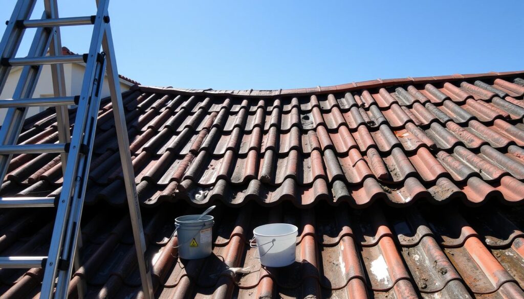 A sun-dappled rooftop, its tiles weathered and worn, stands in preparation for a rejuvenating treatment. In the foreground, a ladder leans against the edge, signaling the start of a thorough inspection. Nearby, a bucket and cleaning tools await, their purpose clear - to meticulously scrub away the accumulated grime and moss, restoring the roof's vibrant hue. The middle ground reveals the intricate patterns of the tiles, their textures capturing the play of light and shadow. In the distance, a clear blue sky frames the scene, a sense of serenity pervading the atmosphere. This image captures the essential preparatory steps for a thoughtful, sustainable roof coating, a necessary precursor to ensuring the longevity and beauty of the structure.