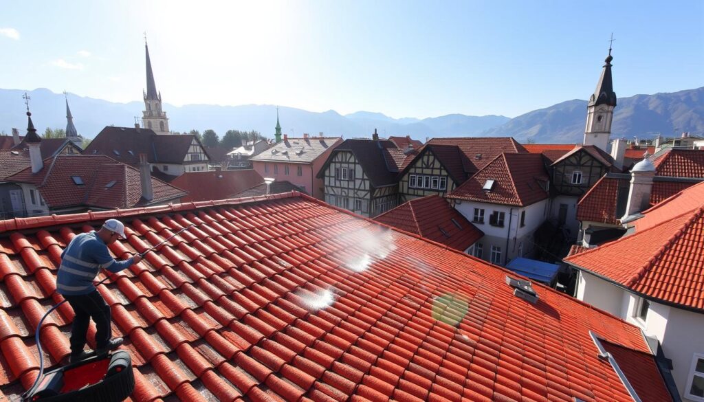 A sun-drenched rooftop in the picturesque town of Sitten/Sion, Switzerland. The quaint, red-tiled roofs of the historic buildings shimmer in the warm light, their surfaces immaculately clean and well-maintained. In the foreground, a professional roof cleaning crew utilizes specialized TRODATEC equipment, meticulously scrubbing and rinsing the tiles to restore their vibrant hues. The mid-ground reveals the charming architecture of the town, with its ornate church spires and charming alleyways, while the background showcases the stunning mountainous landscape that surrounds this idyllic alpine setting. The scene conveys a sense of pride, attention to detail, and the importance of proper roof maintenance in this picturesque Swiss town.