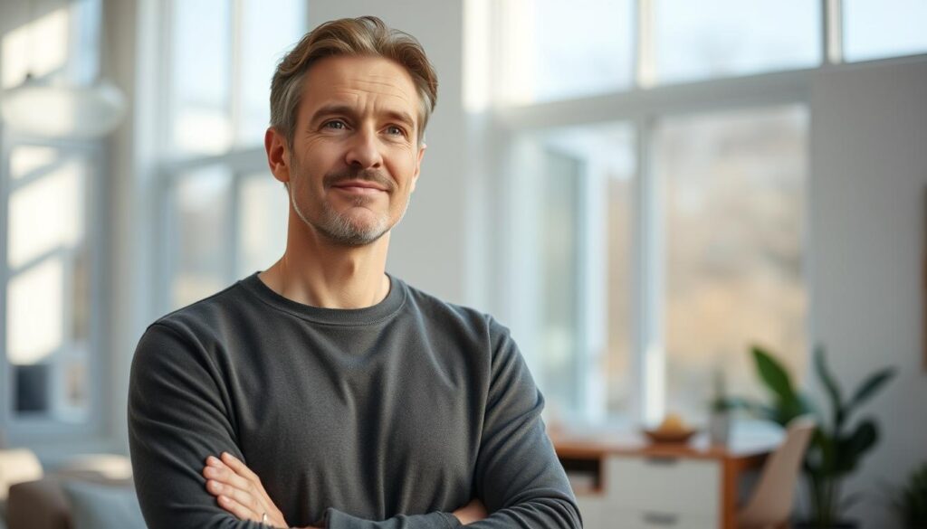 A thoughtful customer standing in a bright, airy room, reflecting on their experience with the cleaning services in Lucerne. Soft, natural lighting filters through large windows, casting a warm glow on the scene. The customer's expression is one of pleasant surprise, their body language relaxed and open. In the background, hints of a modern, well-appointed interior suggest a high-quality service experience. The overall atmosphere conveys a sense of satisfaction and trust in the cleaning company's professionalism.