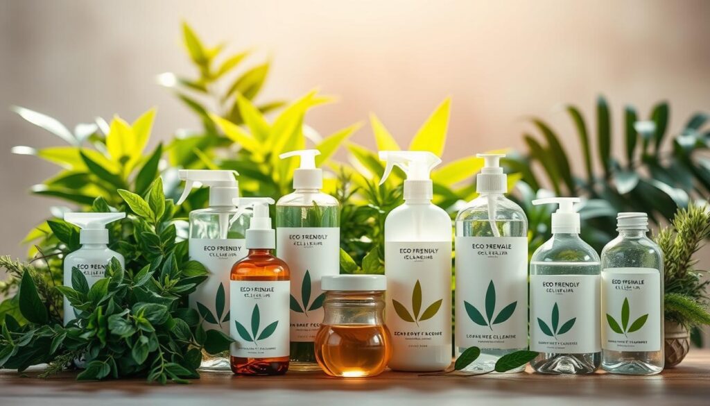 A vibrant, well-lit still life composition showcasing an assortment of environmentally friendly cleaning products. In the foreground, an array of eco-friendly bottles, tubes, and jars with natural-looking labels and minimal, streamlined designs. The middle ground features lush, verdant foliage, hinting at the products' biodegradable nature. Soft, warm lighting casts a gentle glow, emphasizing the natural, sustainable essence of the scene. The background is slightly blurred, keeping the focus on the cleaning products and their harmonious integration with the natural world. The overall atmosphere conveys a sense of balance, purity, and the benefits of using biologically degradable household cleaners.