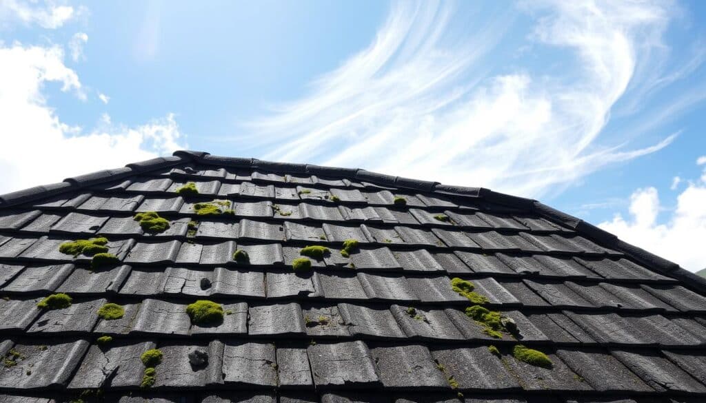 A weathered, aging roof in the Swiss Alps, battling the harsh elements. The tiles are cracked and faded, their surface worn by the relentless winds, driving rain, and heavy snowfall. Moss and lichen cling to the shingles, a testament to the constant cycle of decay and renewal. Sunlight filters through wispy clouds, casting dramatic shadows across the uneven rooftop. The scene evokes a sense of resilience and the constant struggle of materials against the forces of nature. The high altitude and alpine climate have taken their toll, creating a visually striking example of "Materialermüdung durch Wettereinflüsse". A weathered, aging roof in the Swiss Alps, battling the harsh elements. The tiles are cracked and faded, their surface worn by the relentless winds, driving rain, and heavy snowfall. Moss and lichen cling to the shingles, a testament to the constant cycle of decay and renewal. Sunlight filters through wispy clouds, casting dramatic shadows across the uneven rooftop. The scene evokes a sense of resilience and the constant struggle of materials against the forces of nature. The high altitude and alpine climate have taken their toll, creating a visually striking example of "Materialermüdung durch Wettereinflüsse".