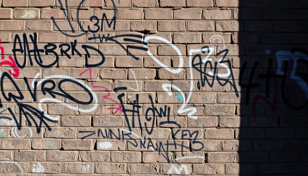 A weathered brick wall, its surface marred by a chaotic tapestry of overlapping graffiti tags, drips, and scrawls. The vandalized facade stands as a testament to the ongoing battle against urban blight, casting a somber mood. Splatters of vibrant paint colors juxtapose with the gritty, time-worn texture of the brickwork, creating a dynamic visual contrast. Shadows and highlights sculpt the irregularities of the damaged surface, conveying a sense of decay and neglect. The overall composition evokes a sense of urban decay, reflecting the need for proactive graffiti removal efforts to restore the city's aesthetic and civic pride.