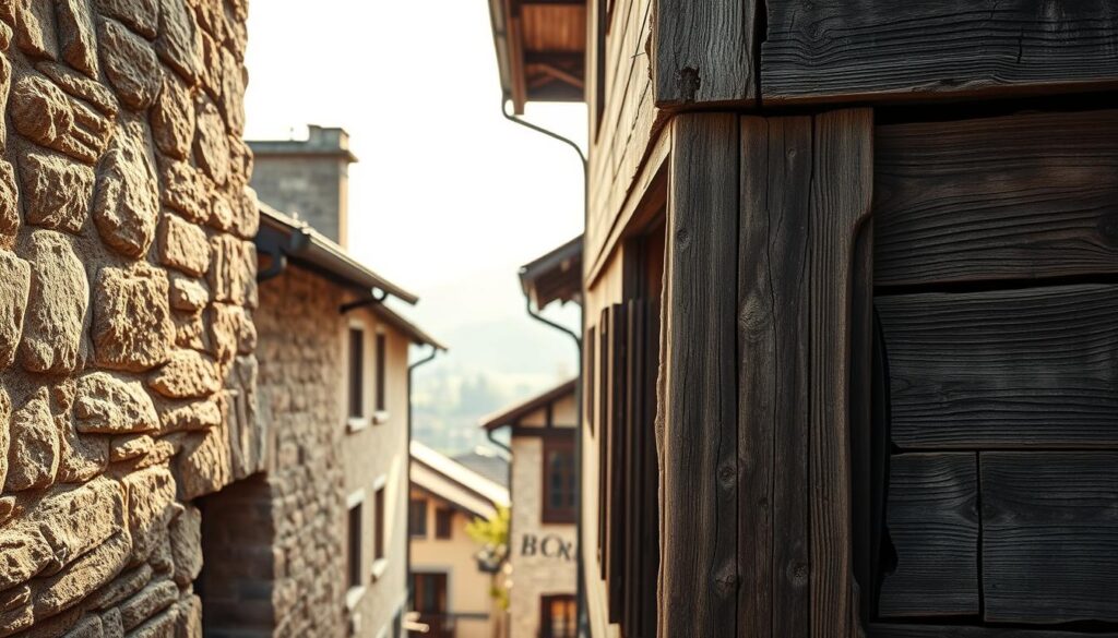 A weathered building facade in the Swiss Midlands, showcasing the effects of environmental factors. Sunlight casts warm tones, while wind and rain have left their mark in the form of discoloration, erosion, and subtle cracks. In the foreground, a close-up view highlights the varied textures and materials, from aged stone to weathered wood. The middle ground reveals the overall structure, with architectural details that hint at the building's history. The background features a hazy, atmospheric landscape, evoking a sense of place and setting. The scene conveys the challenges of maintaining building exteriors in this region, setting the stage for a discussion of the causes and solutions for facade degradation.