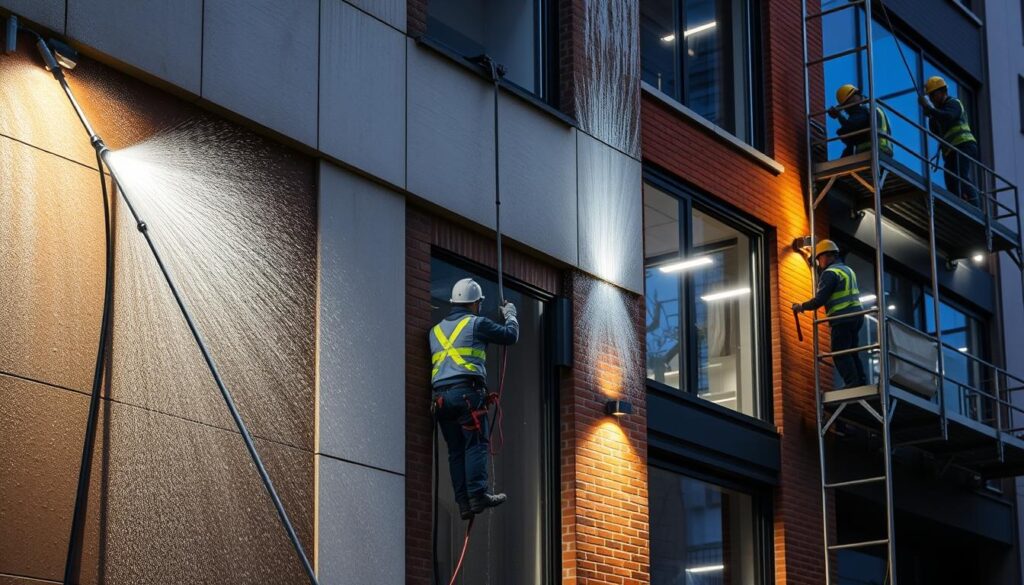 A well-lit commercial building façade, with various cleaning methods being demonstrated. In the foreground, a worker using a high-pressure water jet to remove grime and dirt from the concrete surface. In the middle ground, another worker employing a rotary scrubbing machine to deep clean the brickwork. In the background, a scaffold-mounted window cleaning team wiping down the glass panes with squeegees. The scene conveys the expertise and attention to detail required for comprehensive façade maintenance in a Swiss urban setting, with a focus on efficiency and safety.