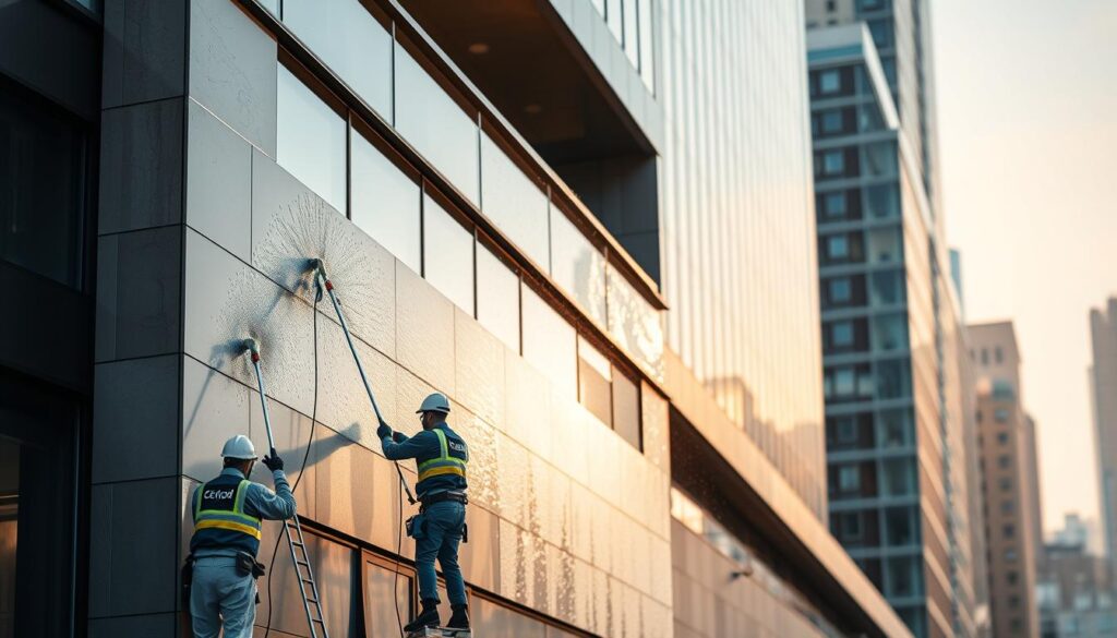 A well-lit, high-resolution image of a professional facade cleaning in progress. The scene depicts a multi-story commercial building with a sleek, modern exterior. In the foreground, a team of skilled workers, dressed in protective gear, carefully scrub and rinse the building's surface using specialized equipment and cleaning solutions. The middle ground showcases the dramatic transformation, with the facade transitioning from a weathered, discolored state to a pristine, gleaming appearance. The background features a cityscape, blurred for emphasis, conveying a sense of urban setting. The lighting is balanced, creating warm, diffused shadows and highlights that accentuate the texture and materiality of the facade. The overall atmosphere exudes professionalism, efficiency, and the importance of maintaining a building's exterior appearance.