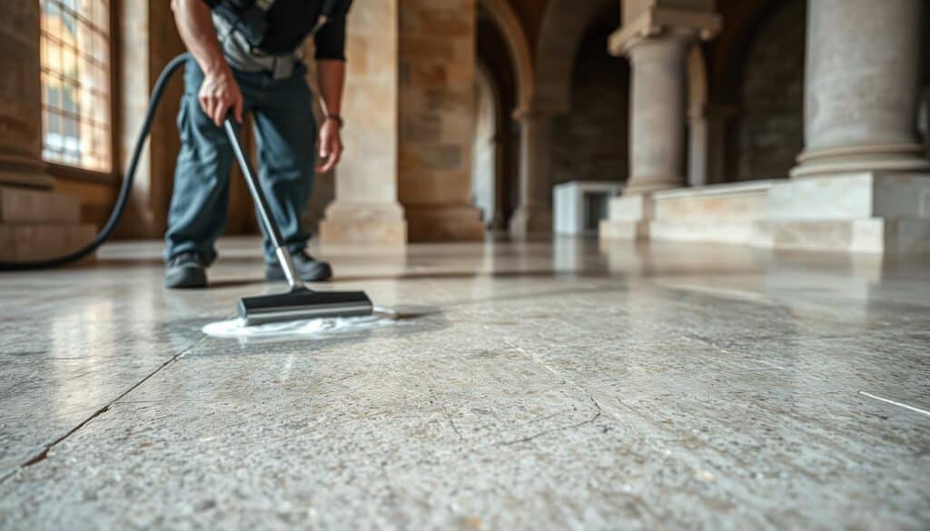 A well-lit interior scene showcasing a professional stone cleaning process. In the foreground, a worker carefully scrubs a section of a large, textured stone surface using a specialized cleaning tool. The middle ground reveals the full expanse of the stone, its natural patterns and imperfections visible. In the background, additional stone elements, such as columns or archways, provide context. Soft, directional lighting casts subtle shadows, highlighting the intricate details of the stone. The overall atmosphere conveys a sense of care, precision, and the expertise required for proper stone maintenance and restoration.