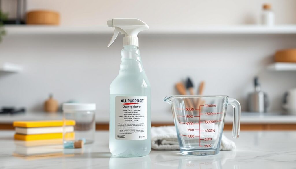 A well-lit kitchen counter, with various cleaning supplies neatly arranged. In the foreground, a bottle of all-purpose cleaner, its label clearly visible, alongside a measuring cup displaying the optimal dosage for different cleaning tasks. In the middle ground, a sponge, a cloth, and a scrub brush, suggesting the tools needed for effective cleaning. The background features minimalist shelving, hinting at an organized and efficient cleaning regimen. The overall scene conveys a sense of control, precision, and the importance of following proper cleaning product usage guidelines.