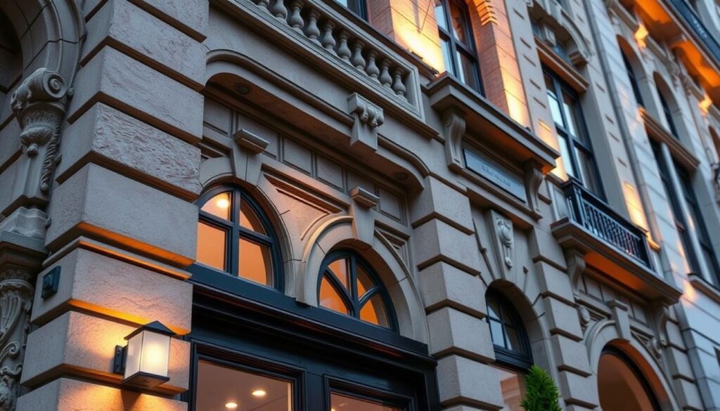 A well-maintained and cared-for building facade, showcasing the importance of facade care for preserving property value and aesthetic appeal. The facade features intricate architectural details, elegant stone or brick work, and a harmonious color palette that blends seamlessly with the surrounding environment. Warm, diffused lighting from strategically placed fixtures illuminates the facade, highlighting its unique textures and dimensions. The scene exudes a sense of timelessness and pride of ownership, conveying the value of diligent facade maintenance in upholding a property's worth and aesthetic charm.
