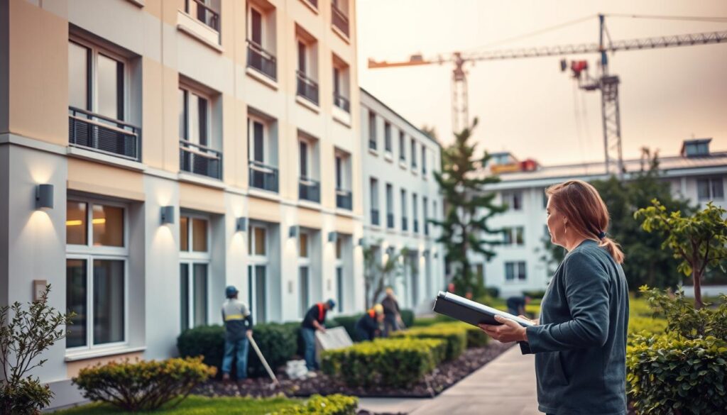 A well-maintained building, its exterior gleaming with a fresh coat of paint. In the foreground, a property manager inspects the facade, clipboard in hand, noting any necessary repairs. The middle ground reveals workers tending to the landscaping, pruning hedges and sweeping the walkways. In the background, a crane hovers, its operators performing preventive maintenance on the roof. Soft, diffused lighting casts a warm glow, creating a sense of diligence and care. The overall scene conveys the importance of proactive building upkeep, ensuring the property remains in pristine condition for the long term.