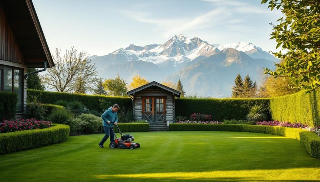A well-manicured lawn in a lush Swiss garden, with meticulously trimmed hedges and vibrant flower beds lining the borders. The scene is bathed in soft, natural light, creating a serene and inviting atmosphere. In the foreground, a gardener skillfully operates a lawn mower, expertly navigating the contours of the grass. The middle ground features a garden shed, its weathered wooden facade complementing the earthy tones of the surrounding flora. In the background, a picturesque mountain range rises, its snow-capped peaks creating a dramatic and awe-inspiring backdrop. The overall composition conveys a sense of harmony, reflecting the meticulous attention to detail required for maintaining a well-cared-for Swiss garden.