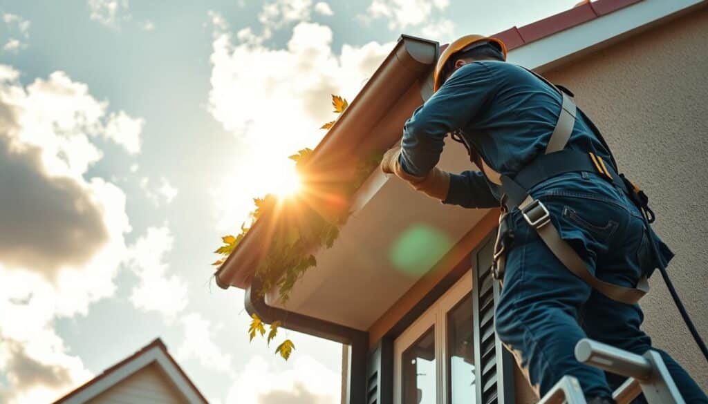 A worker carefully inspecting a rain gutter, perched atop a sturdy ladder. The gutter is filled with leaves and debris, highlighting the importance of regular maintenance. The worker wears a safety harness, tethered to the roof, and protective gloves, demonstrating diligence in following safety protocols. Warm sunlight filters through cloud-dotted skies, casting a serene atmosphere. In the background, the well-maintained facade of a traditional European-style house stands, conveying the significance of proper gutter upkeep for a dry, well-protected home. The scene evokes a sense of responsible home improvement and the attention to detail required for safe, effective gutter cleaning.